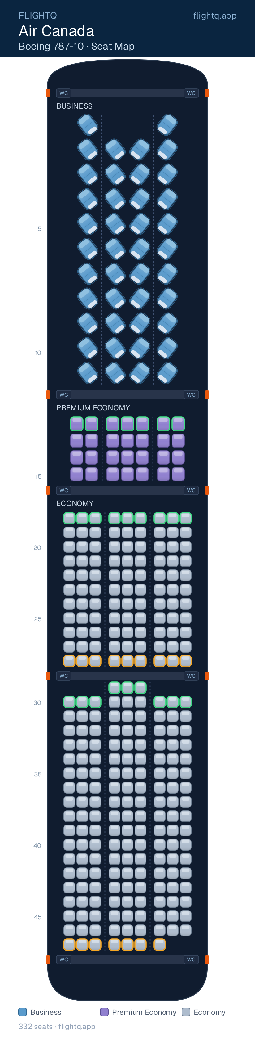 Air Canada Boeing 787-10 Dreamliner seat map with 332 seats across 3 cabins — best seats and rows to avoid