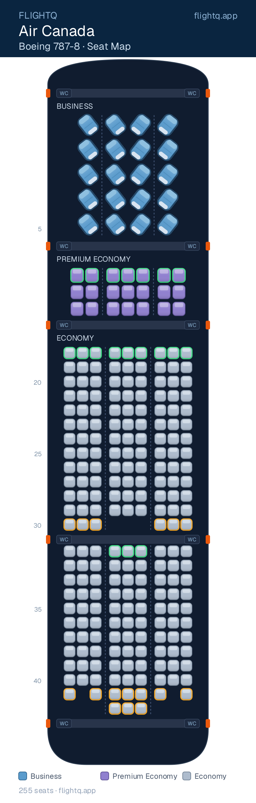 Air Canada Boeing 787-8 Dreamliner seat map with 255 seats across 3 cabins — best seats and rows to avoid