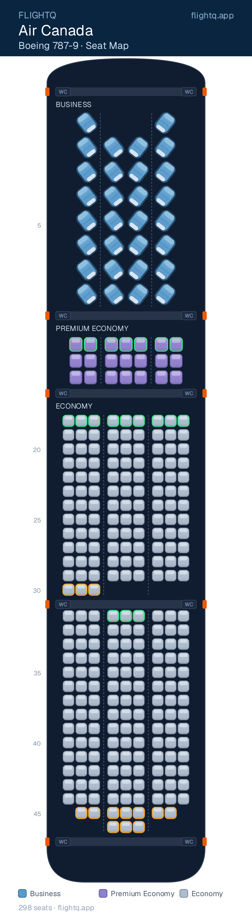 Air Canada Boeing 787-9 Dreamliner seat map with 298 seats across 3 cabins — best seats and rows to avoid