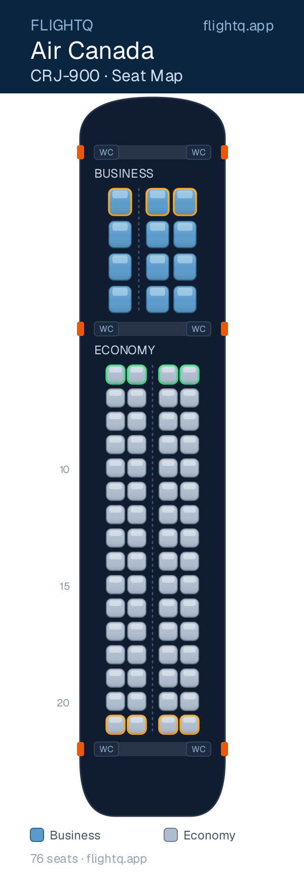 Air Canada Bombardier CRJ900 seat map with 76 seats across 2 cabins — rows to avoid