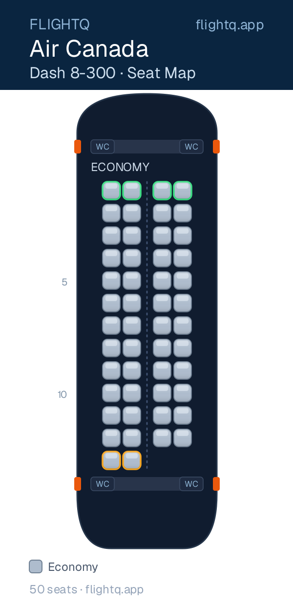 Air Canada Dash 8-300 seat map with 50 seats — best seats and rows to avoid