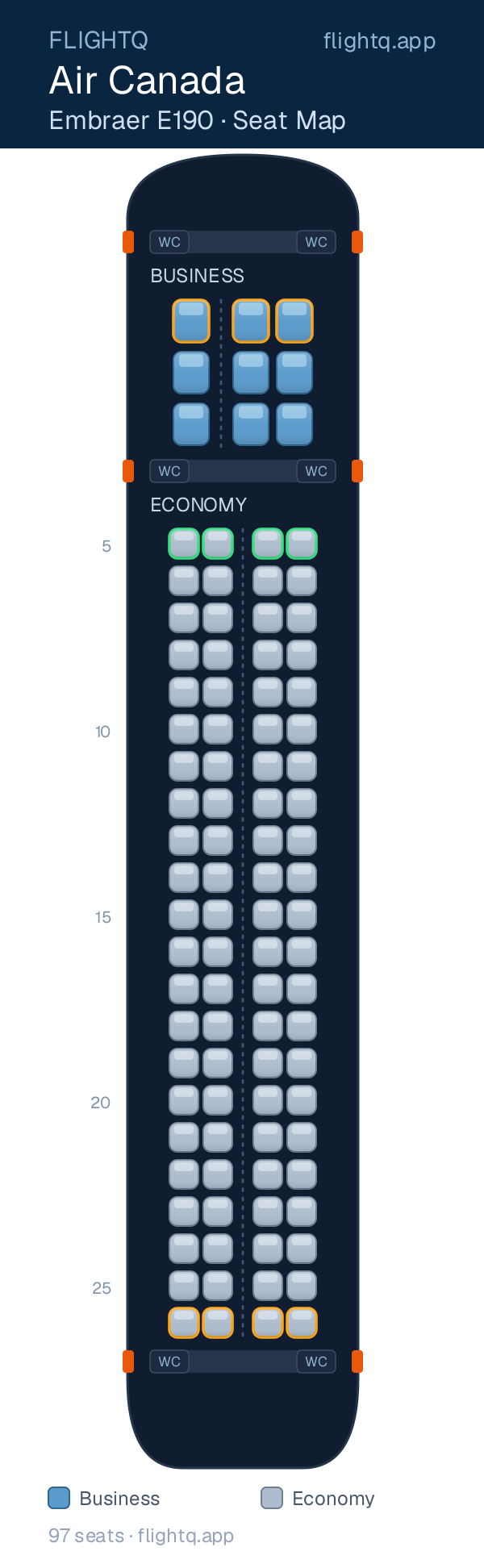 Air Canada Embraer E190 seat map with 97 seats across 2 cabins — best seats and rows to avoid