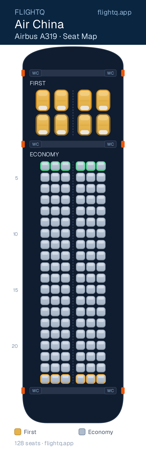 Air China Airbus A319 seat map with 128 seats across 2 cabins — best seats and rows to avoid