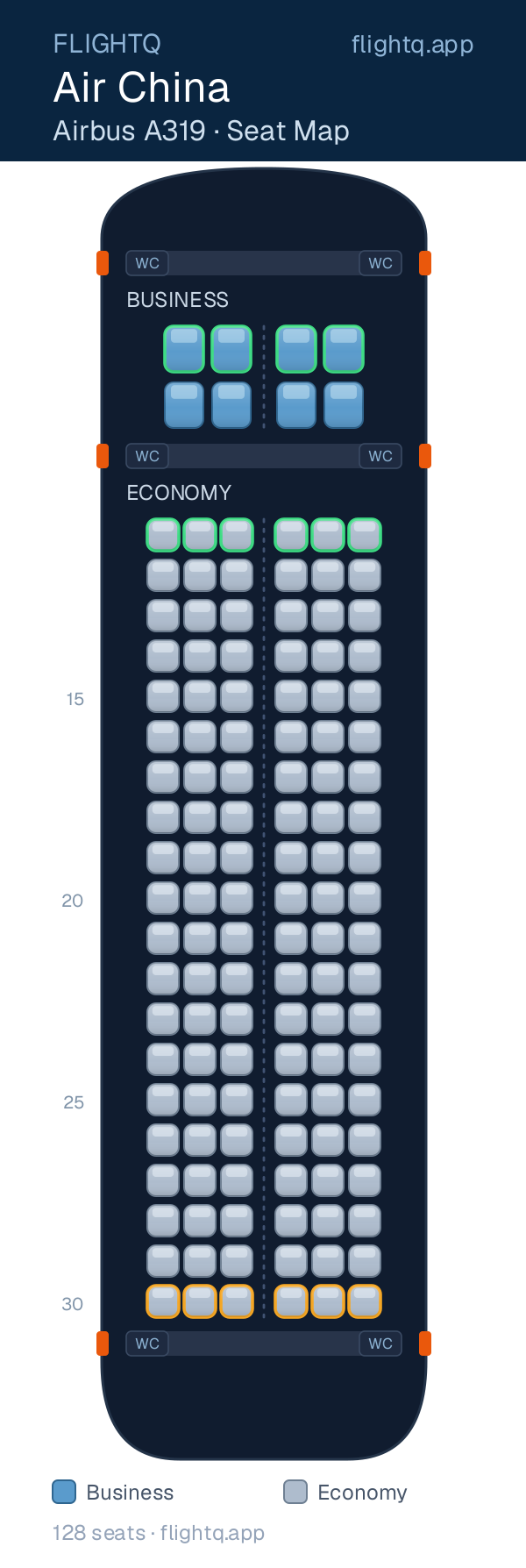 Air China Airbus A319 seat map with 128 seats across 2 cabins — best seats and rows to avoid