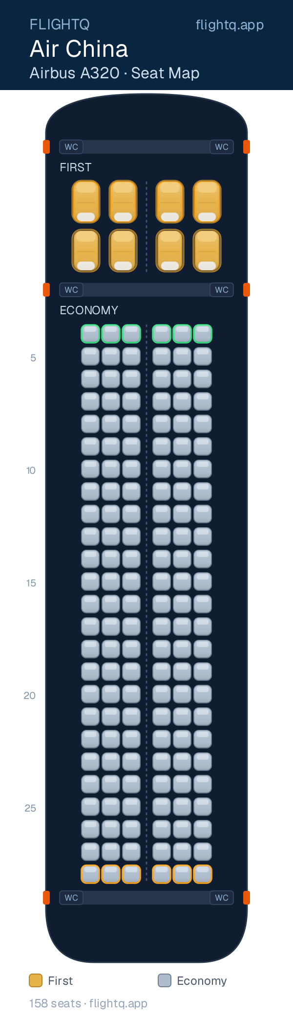 Air China Airbus A320 seat map with 158 seats across 2 cabins — best seats and rows to avoid
