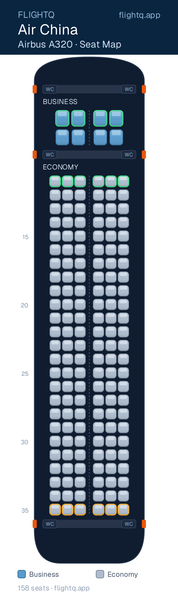 Air China Airbus A320 seat map with 158 seats across 2 cabins — best seats and rows to avoid