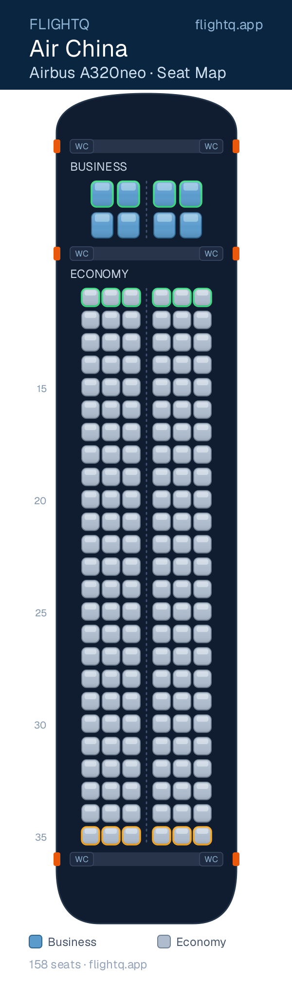 Air China Airbus A320neo seat map with 158 seats across 2 cabins — best seats and rows to avoid
