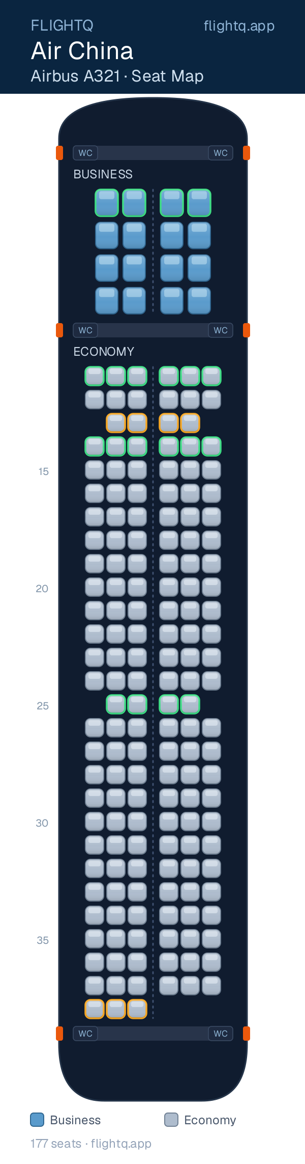 Air China Airbus A321 seat map with 177 seats across 2 cabins — best seats and rows to avoid