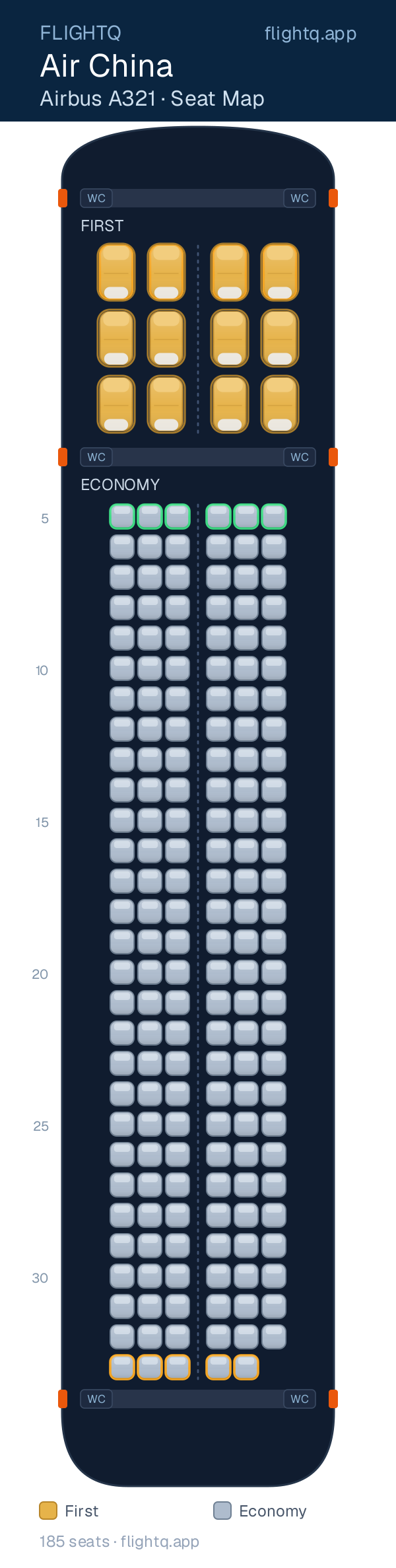 Air China Airbus A321 seat map with 185 seats across 2 cabins — best seats and rows to avoid