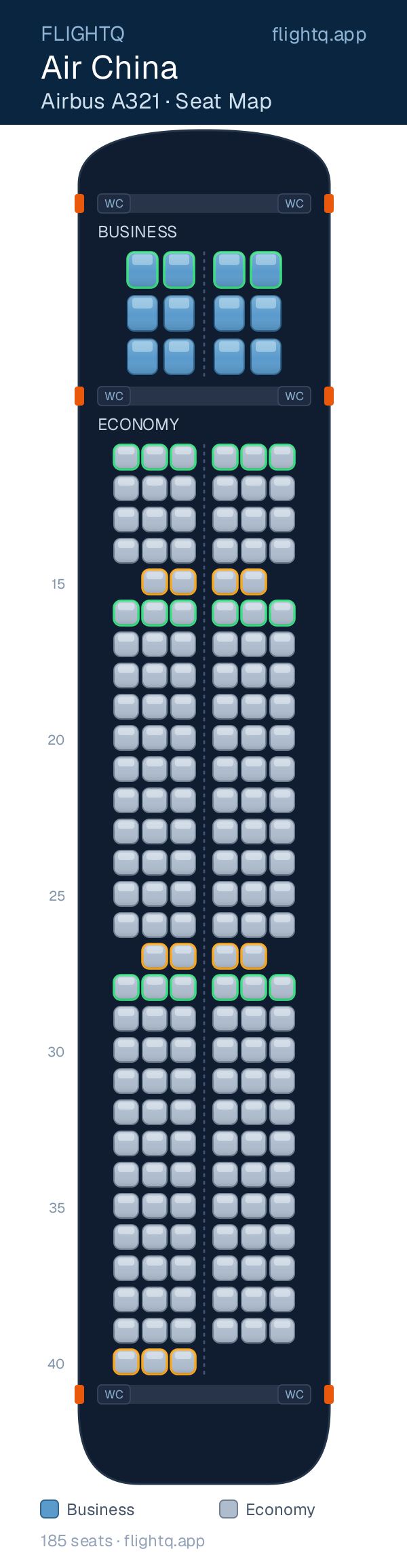 Air China Airbus A321 seat map with 185 seats across 2 cabins — best seats and rows to avoid