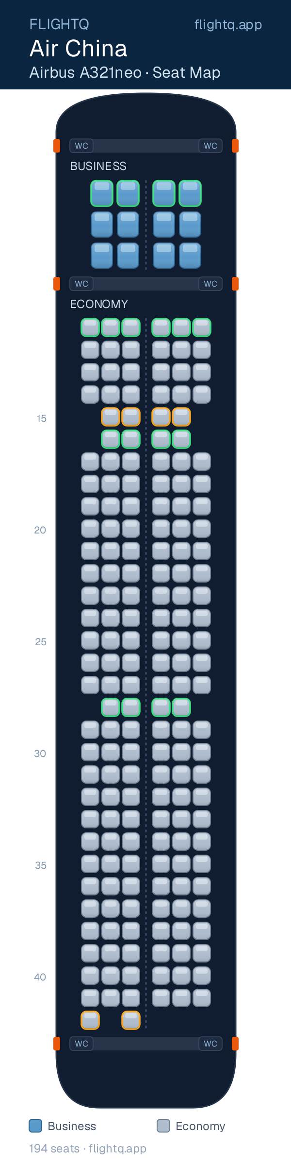 Air China Airbus A321neo seat map with 194 seats across 2 cabins — best seats and rows to avoid