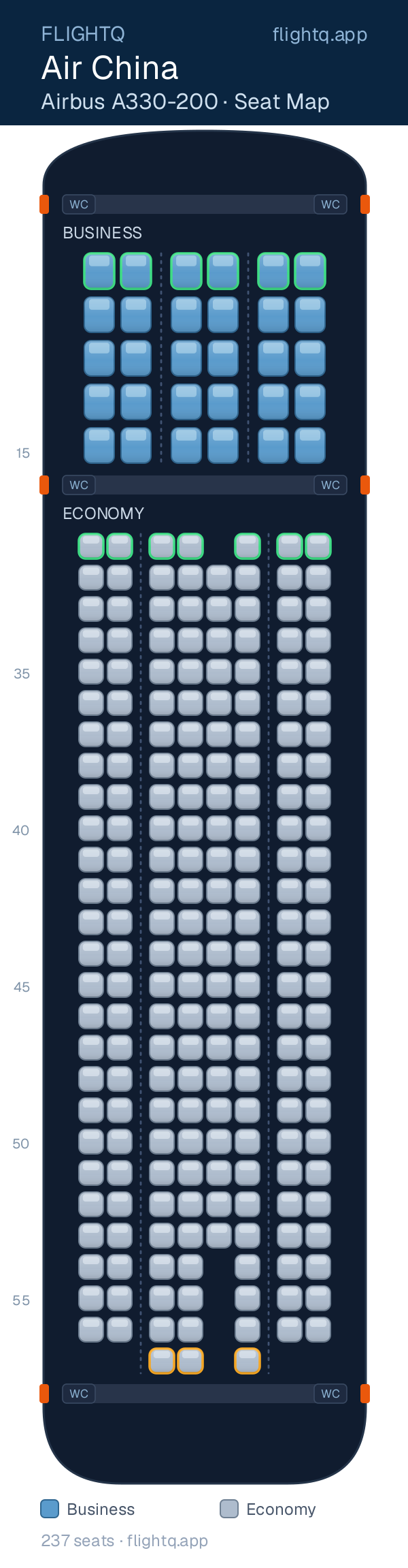 Air China Airbus A330-200 seat map with 237 seats across 2 cabins — best seats and rows to avoid