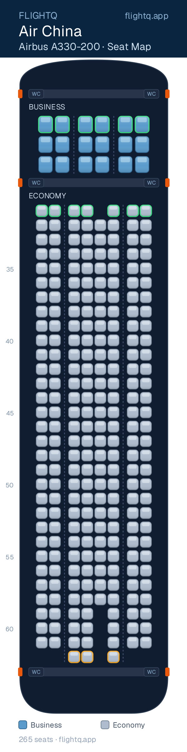 Air China Airbus A330-200 seat map with 265 seats across 2 cabins — best seats and rows to avoid