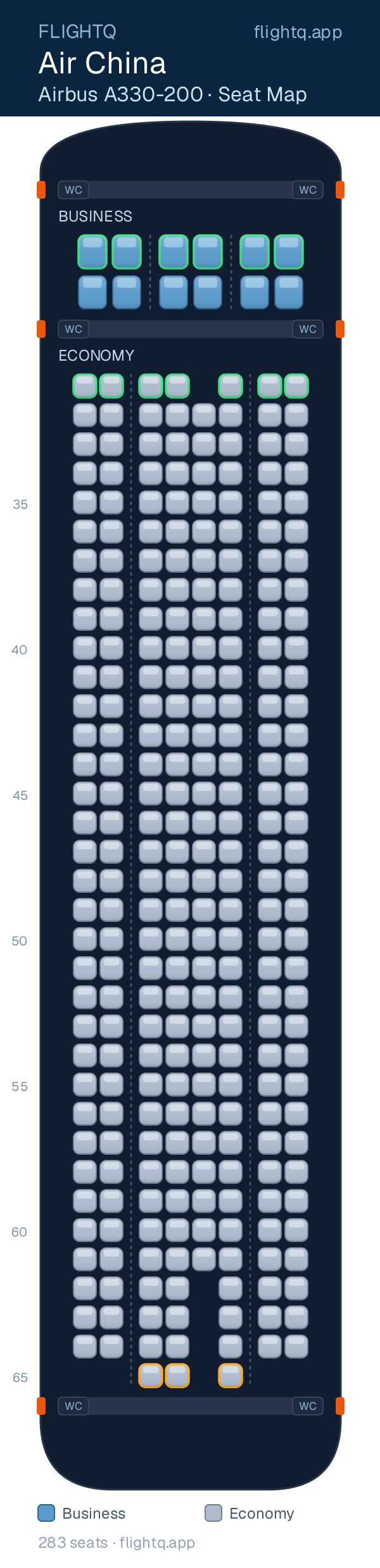 Air China Airbus A330-200 seat map with 283 seats across 2 cabins — best seats and rows to avoid