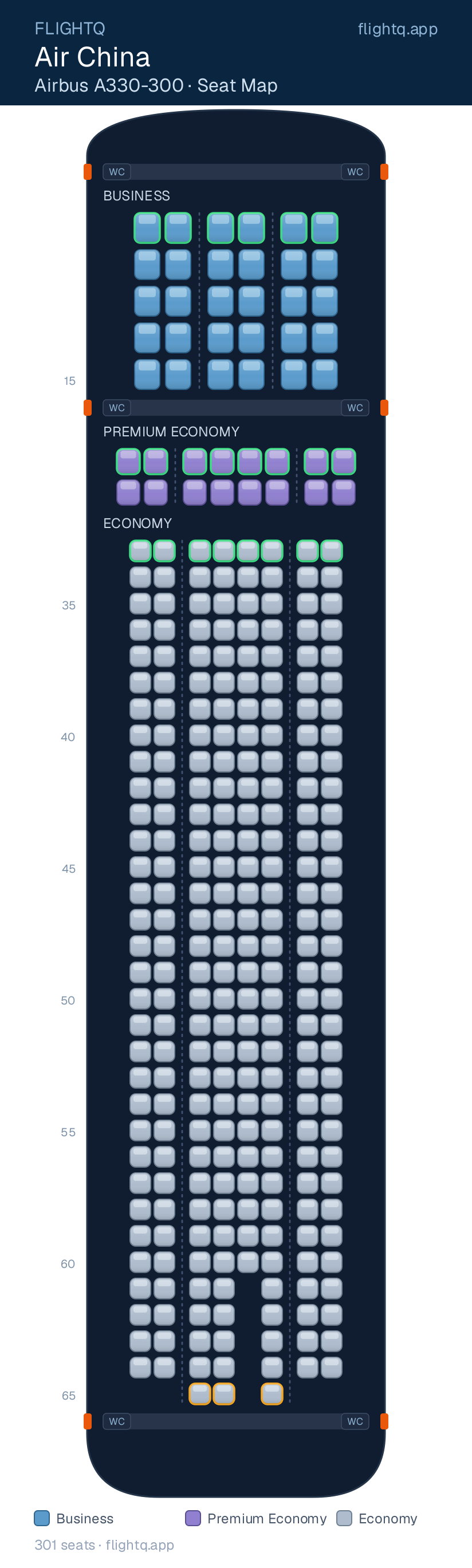 Air China Airbus A330-300 seat map with 301 seats across 3 cabins — best seats and rows to avoid