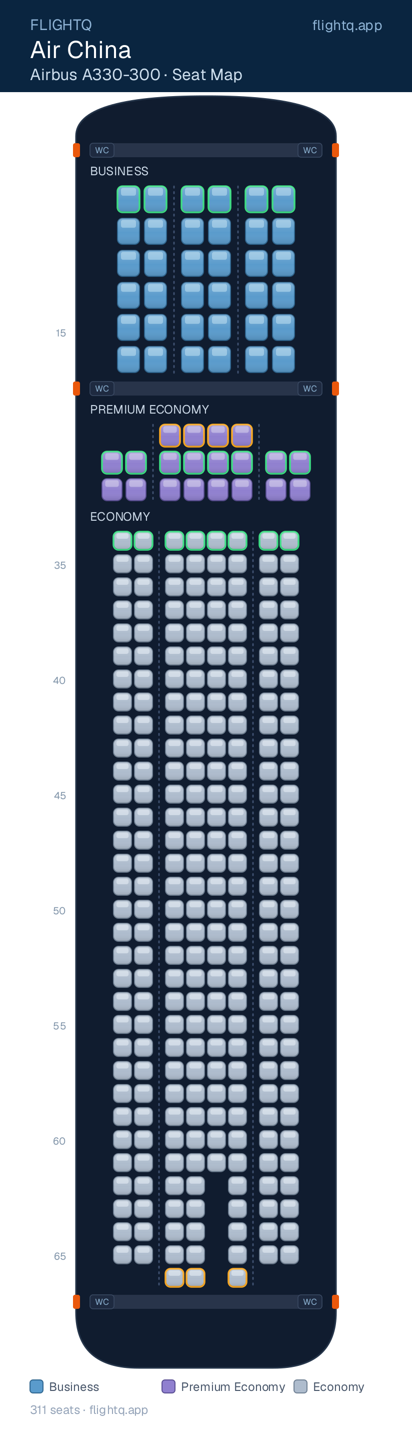 Air China Airbus A330-300 seat map with 311 seats across 3 cabins — best seats and rows to avoid