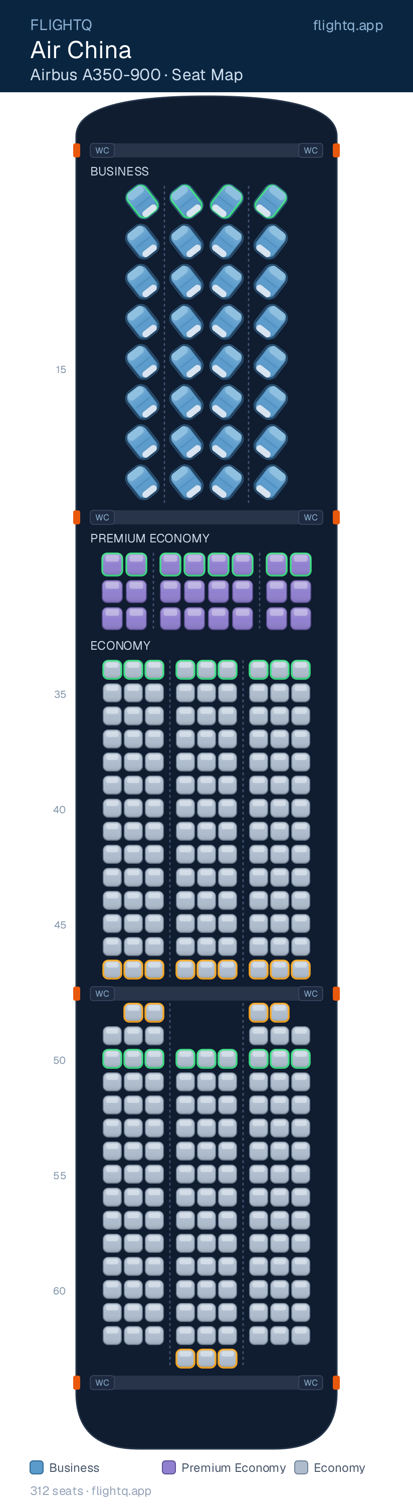 Air China Airbus A350-900 seat map with 312 seats across 3 cabins — best seats and rows to avoid