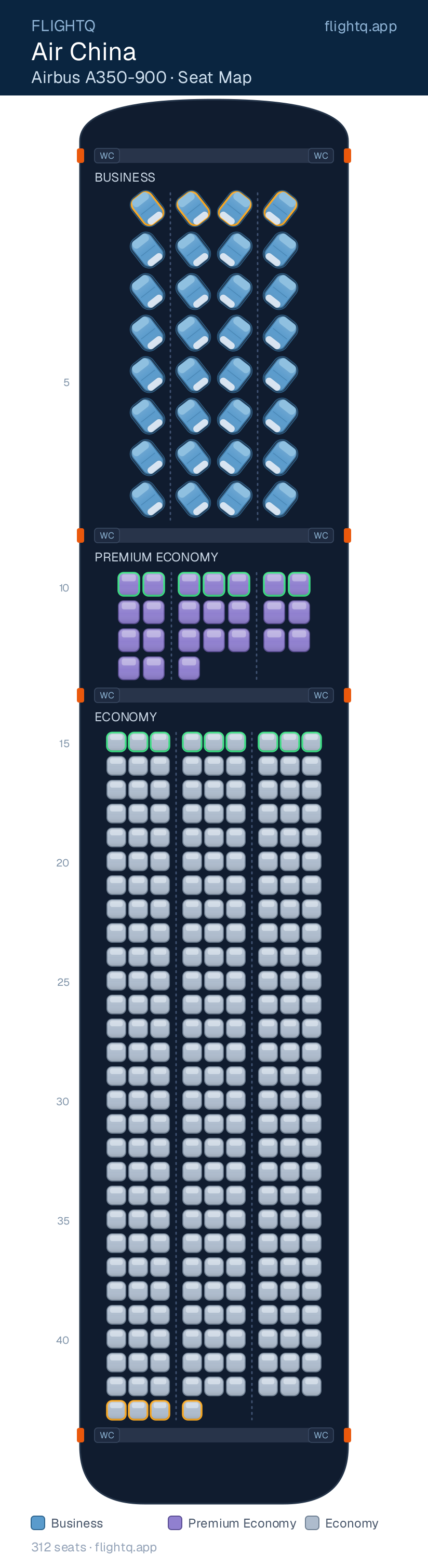 Air China Airbus A350-900 seat map with 312 seats across 3 cabins — best seats and rows to avoid
