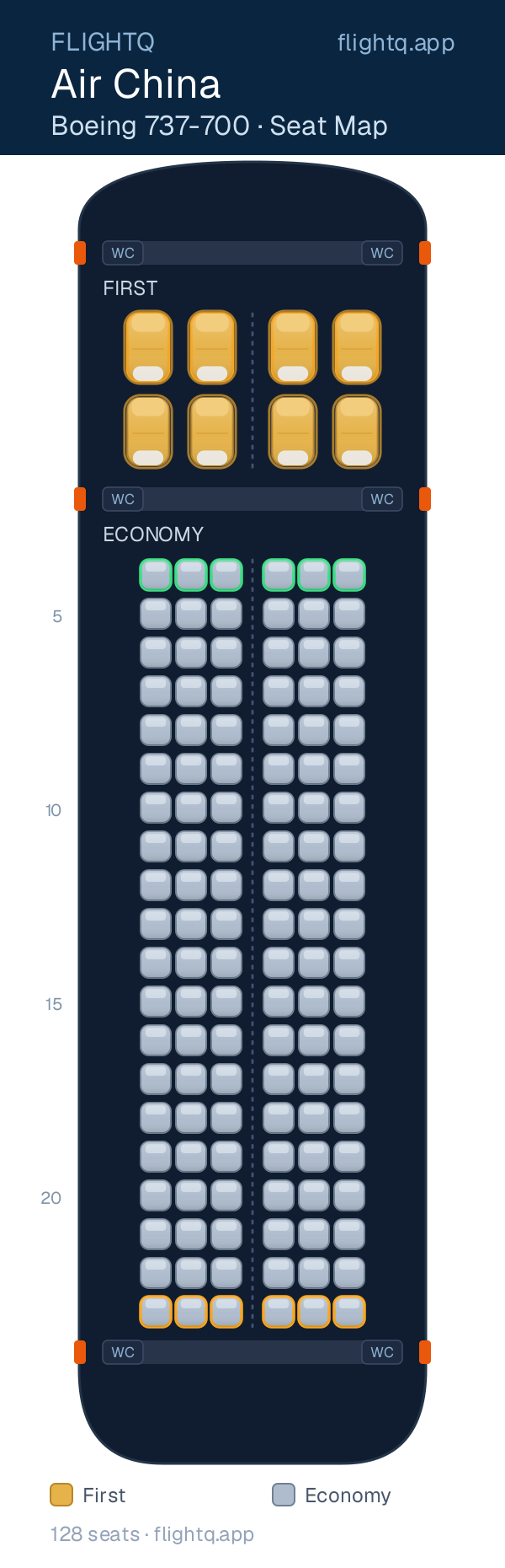 Air China Boeing 737-700 seat map with 128 seats across 2 cabins — best seats and rows to avoid