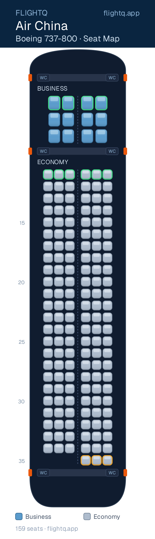 Air China Boeing 737-800 seat map with 159 seats across 2 cabins — best seats and rows to avoid