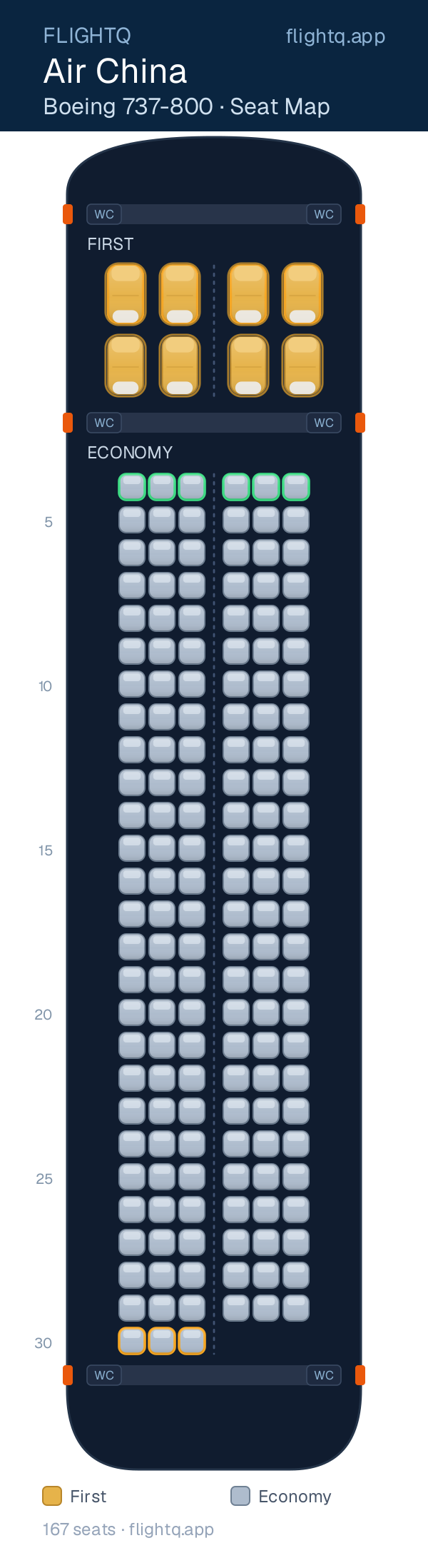 Air China Boeing 737-800 seat map with 167 seats across 2 cabins — best seats and rows to avoid
