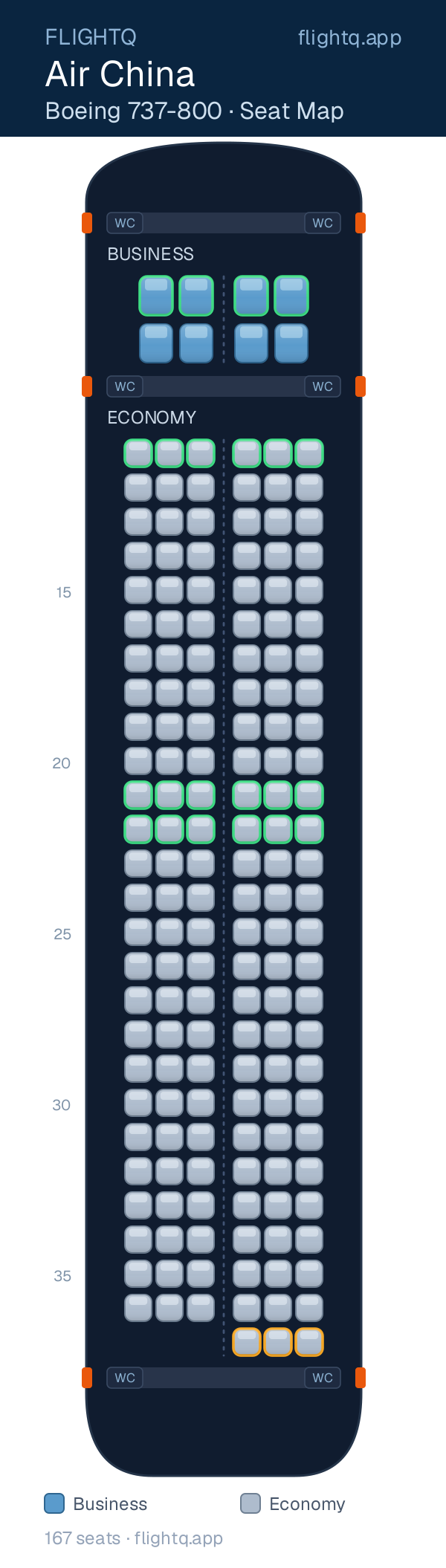 Air China Boeing 737-800 seat map with 167 seats across 2 cabins — best seats and rows to avoid