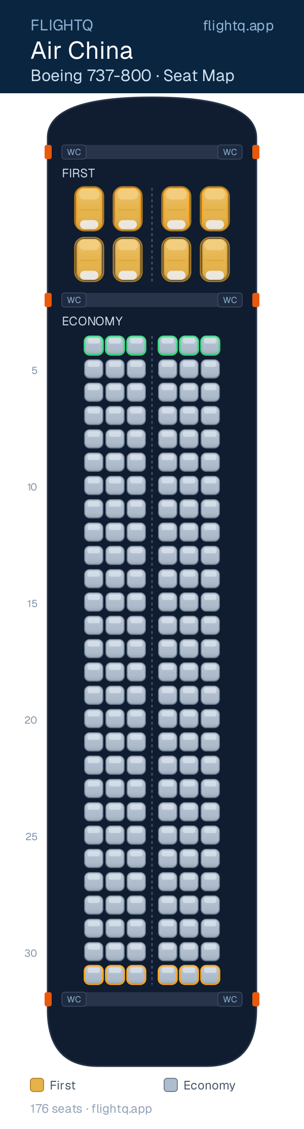 Air China Boeing 737-800 seat map with 176 seats across 2 cabins — best seats and rows to avoid