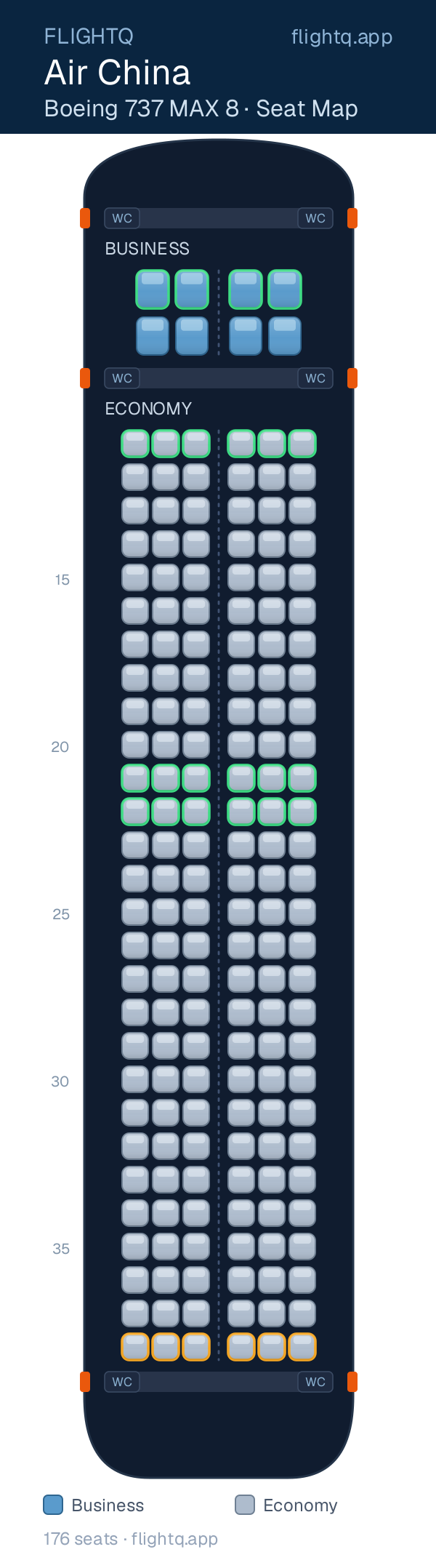 Air China Boeing 737 MAX 8 seat map with 176 seats across 2 cabins — best seats and rows to avoid