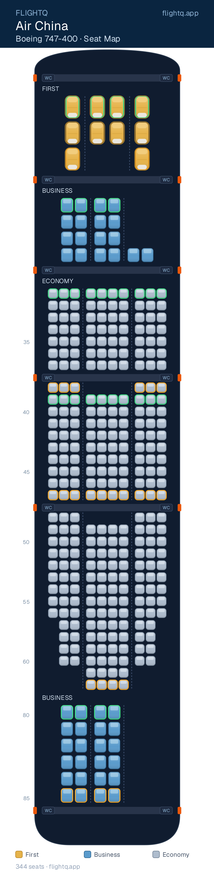 Air China Boeing 747-400 seat map with 344 seats across 3 cabins — best seats and rows to avoid