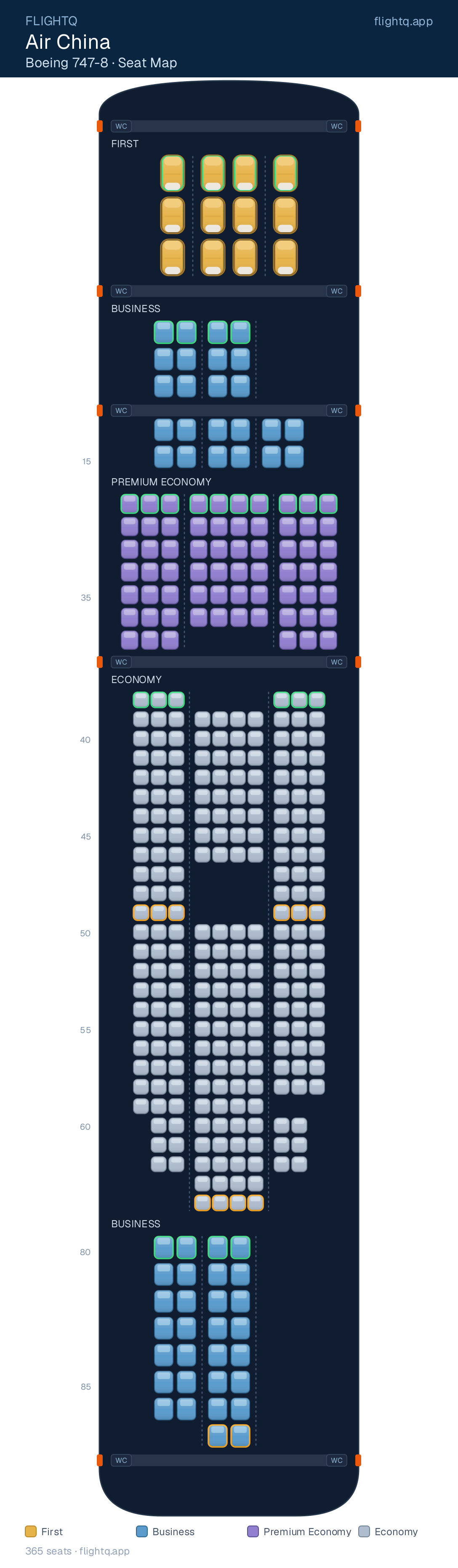 Air China Boeing 747-8 seat map with 365 seats across 4 cabins — best seats and rows to avoid
