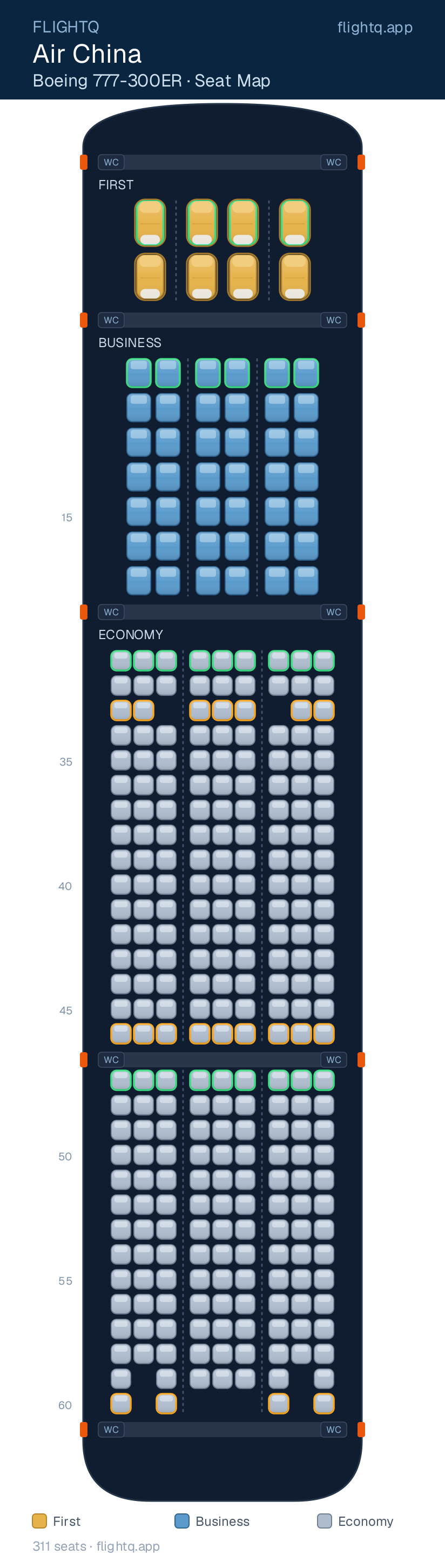 Air China Boeing 777-300ER seat map with 311 seats across 3 cabins — best seats and rows to avoid
