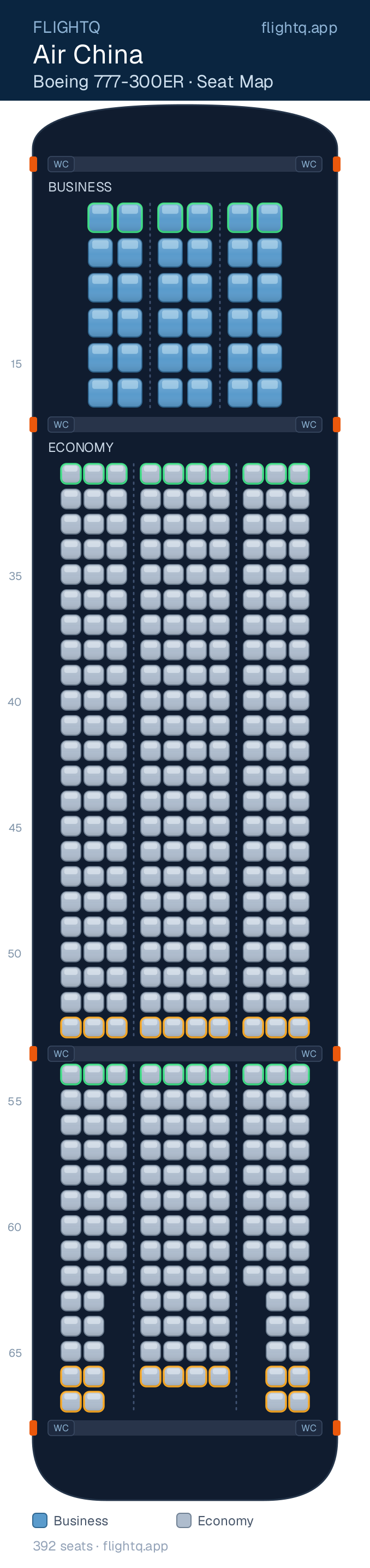 Air China Boeing 777-300ER seat map with 392 seats across 2 cabins — best seats and rows to avoid