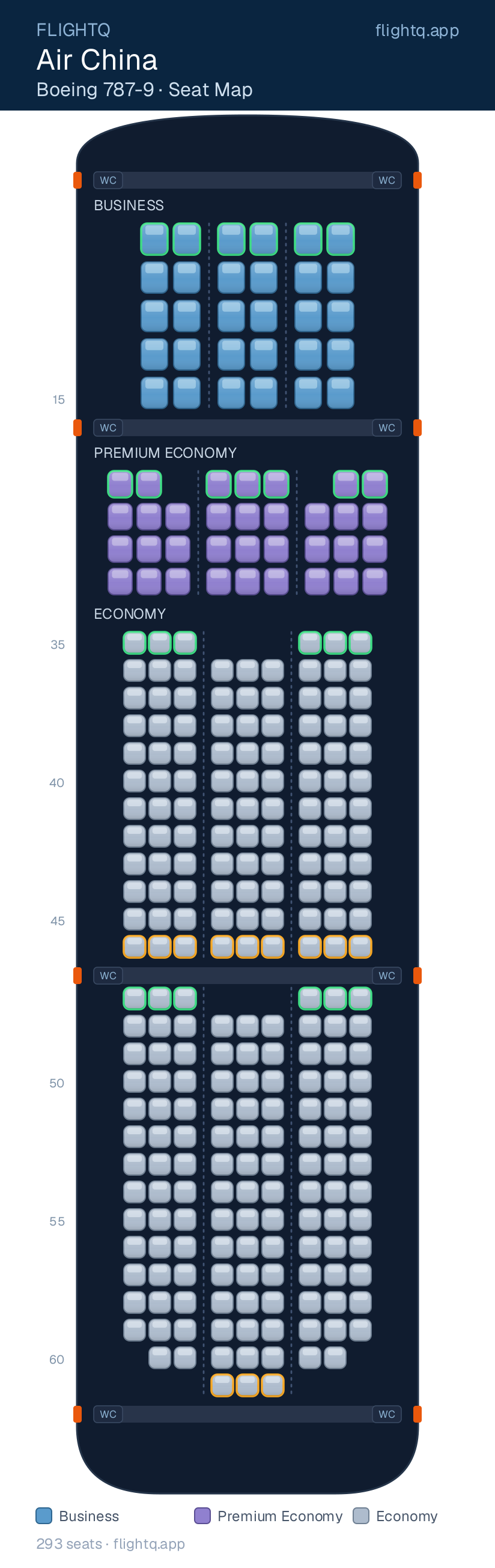 Air China Boeing 787-9 Dreamliner seat map with 293 seats across 3 cabins — best seats and rows to avoid
