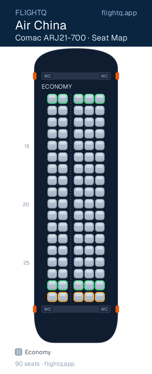 Air China Comac ARJ21-700 seat map with 90 seats — best seats and rows to avoid