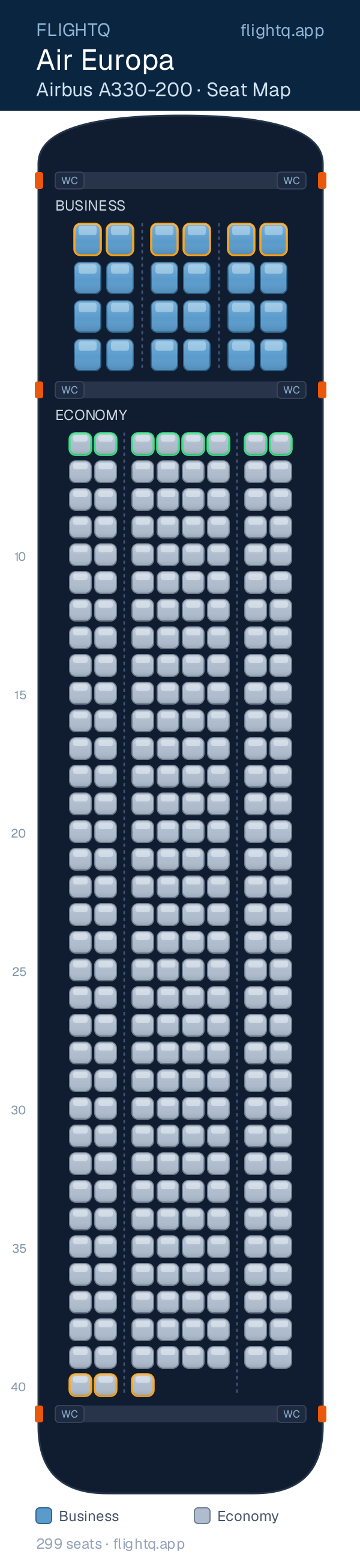 Air Europa Airbus A330-200 seat map with 299 seats across 2 cabins — best seats and rows to avoid