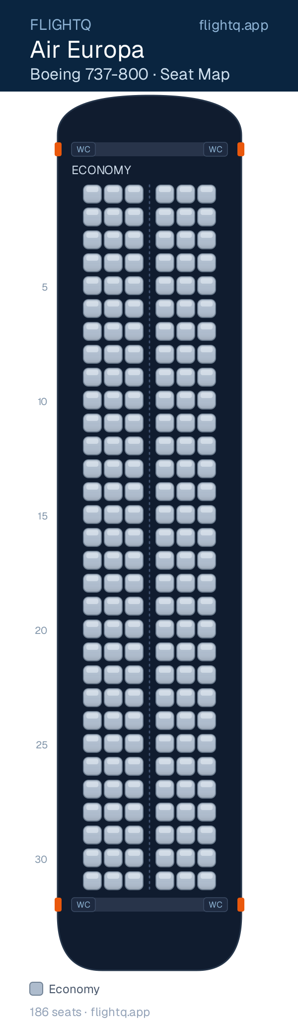 Air Europa Boeing 737-800 seat map with 186 seats — best seats and rows to avoid