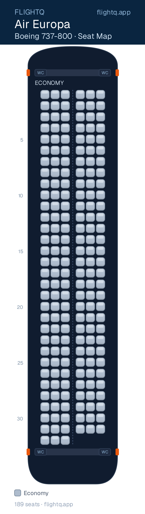 Air Europa Boeing 737-800 seat map with 189 seats — best seats and rows to avoid