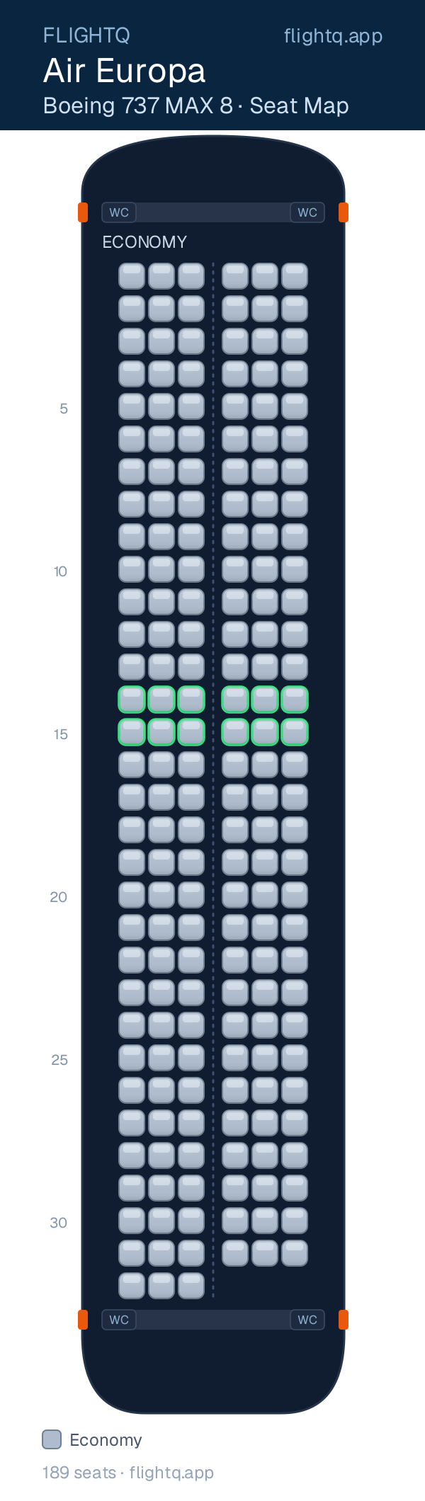 Air Europa Boeing 737 MAX 8 seat map with 189 seats — best seats and rows to avoid