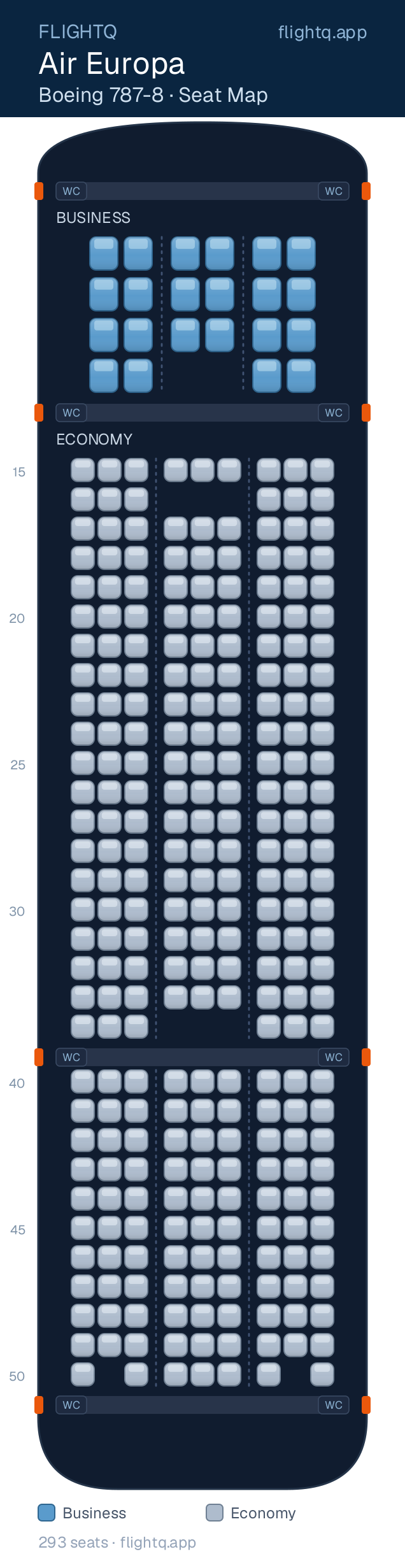Air Europa Boeing 787-8 Dreamliner seat map with 293 seats across 2 cabins — best seats and rows to avoid