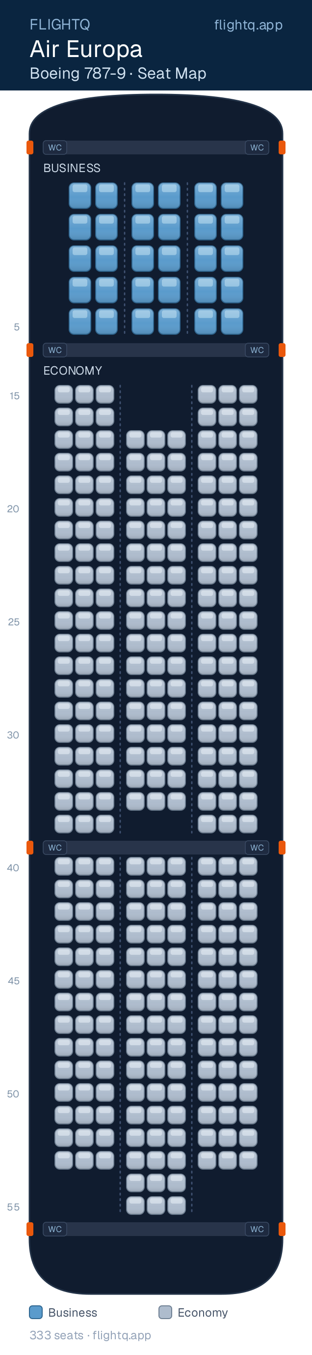 Air Europa Boeing 787-9 Dreamliner seat map with 333 seats across 2 cabins — best seats and rows to avoid