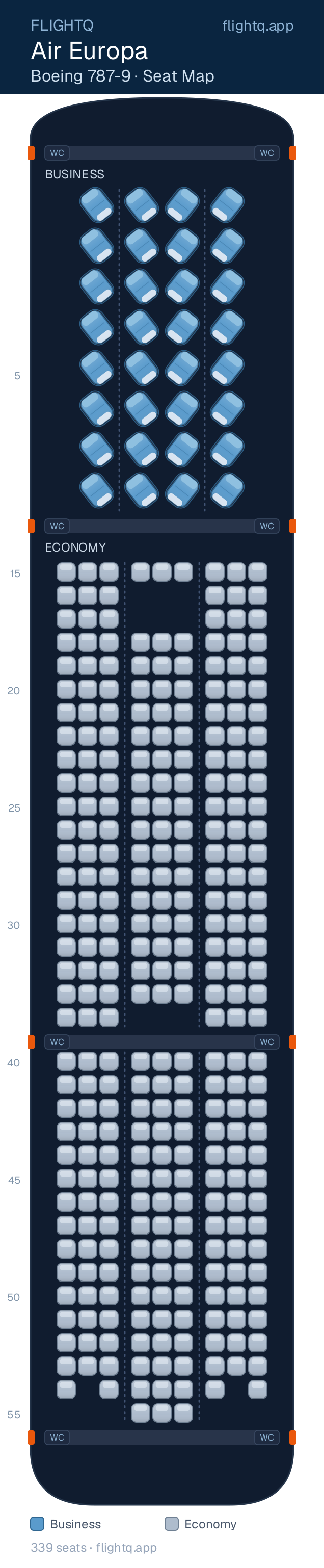 Air Europa Boeing 787-9 Dreamliner seat map with 339 seats across 2 cabins — best seats and rows to avoid