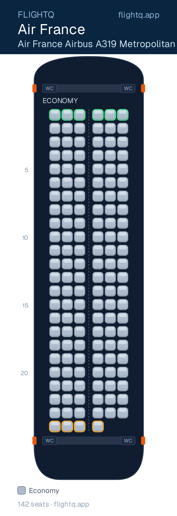 Air France Airbus A319 seat map with 142 seats — best seats and rows to avoid