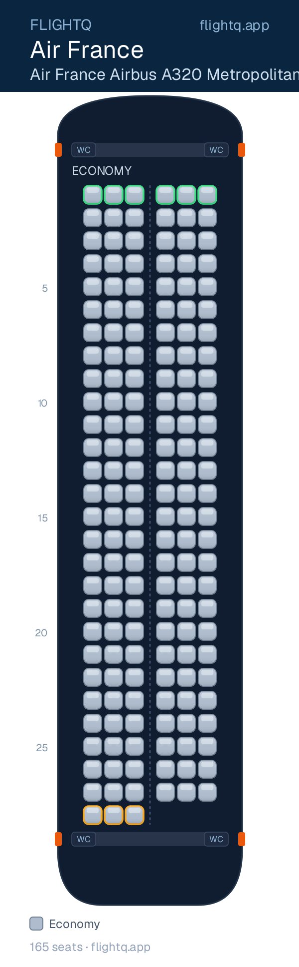 Air France Airbus A320 seat map with 165 seats — best seats and rows to avoid