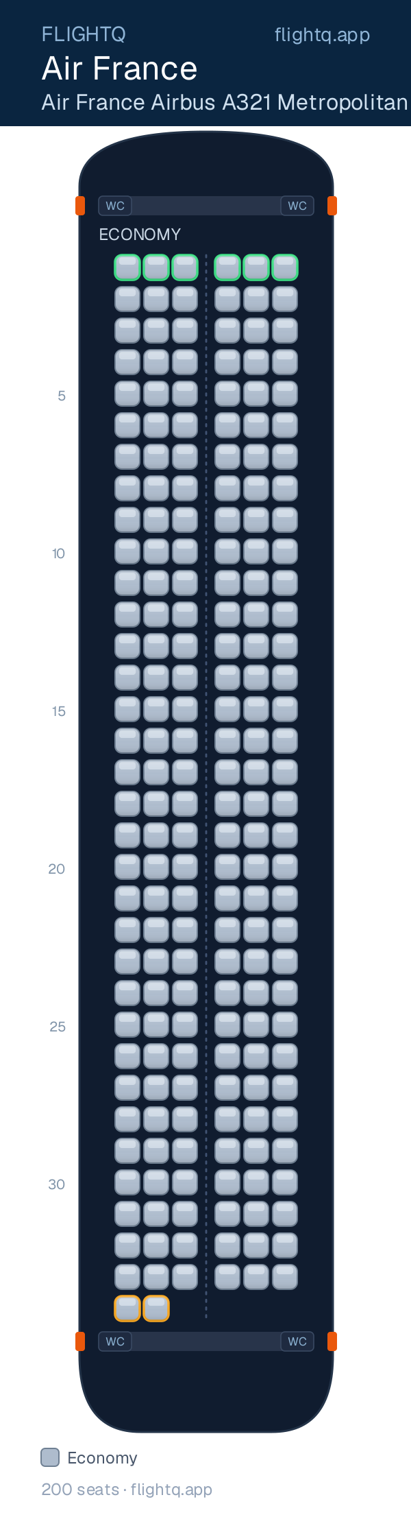 Air France Airbus A321 seat map with 200 seats — best seats and rows to avoid