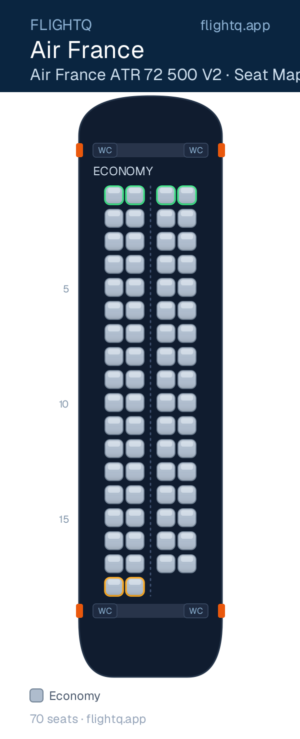 Air France ATR 72 seat map with 70 seats — best seats and rows to avoid