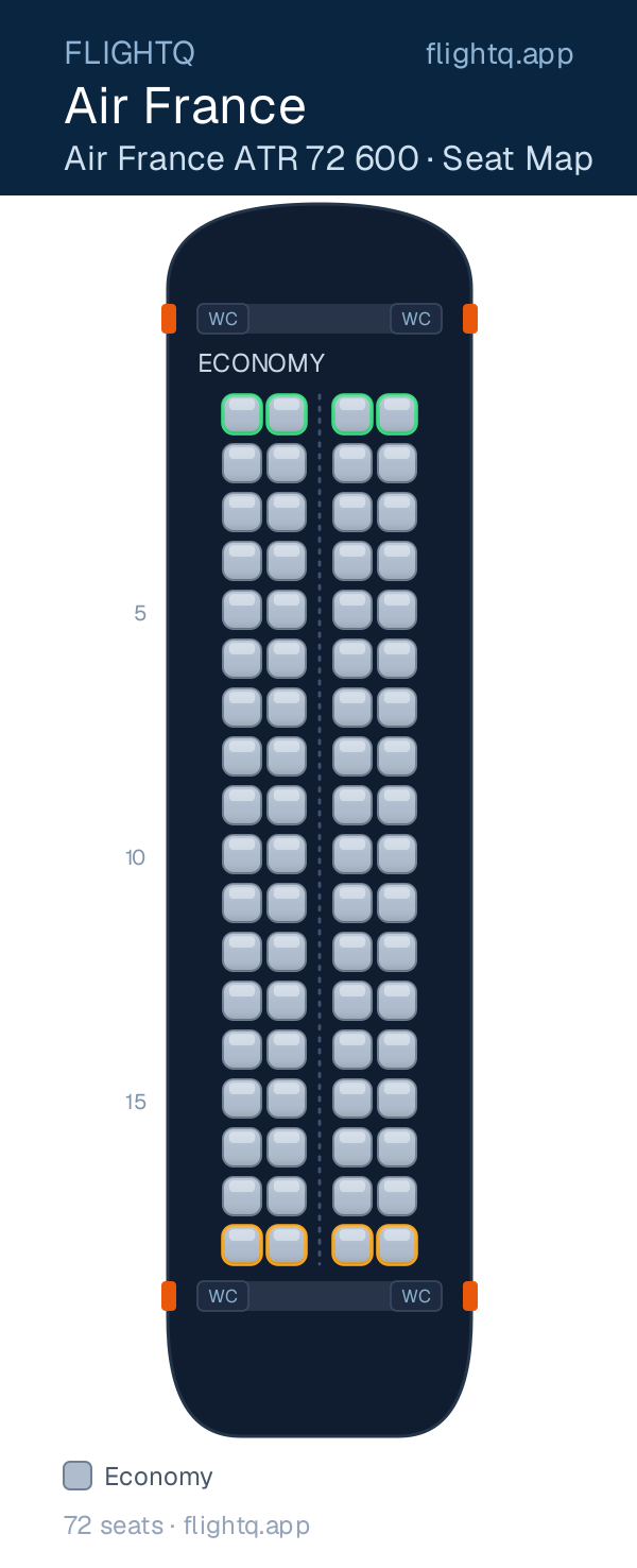 Air France ATR 72 seat map with 72 seats — best seats and rows to avoid