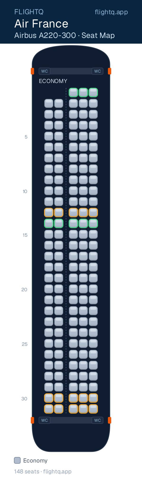 Air France Airbus A220-300 seat map with 148 seats — best seats and rows to avoid