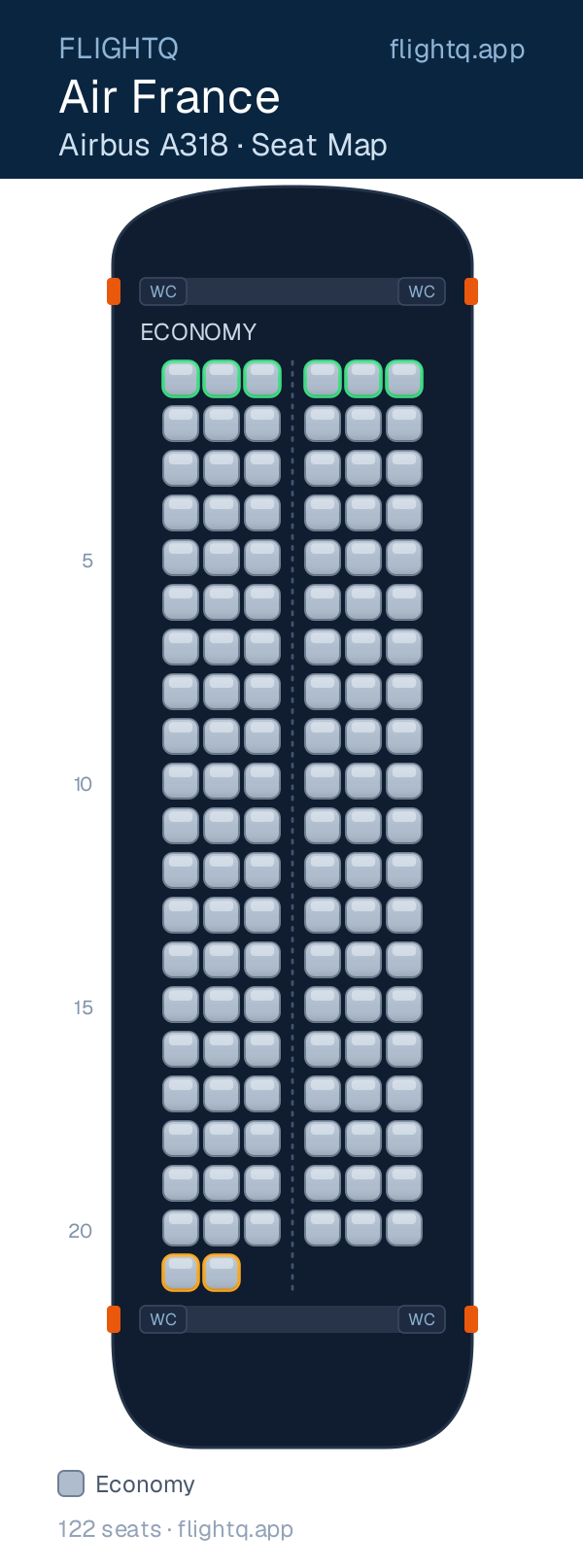 Air France Airbus A318 seat map with 122 seats — best seats and rows to avoid