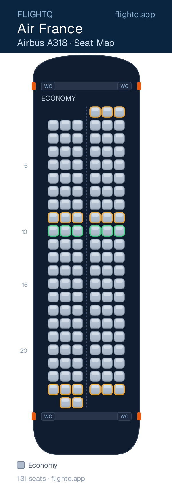Air France Airbus A318 seat map with 131 seats — best seats and rows to avoid