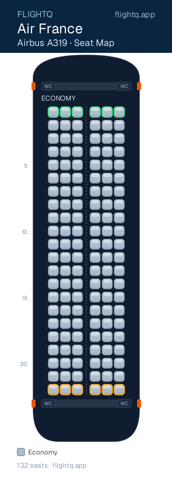 Air France Airbus A319 seat map with 132 seats — best seats and rows to avoid